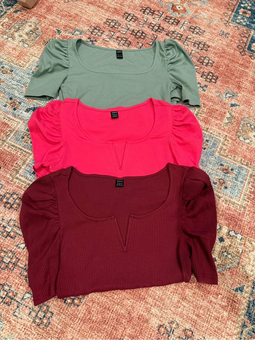 SHEIN Ribbed Puff-Sleeve Tees in Hot Pink, Burgundy & Sage